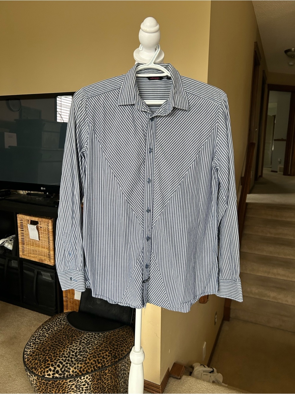 Blue and White Long Sleeve collared Striped Button-Up Shirt